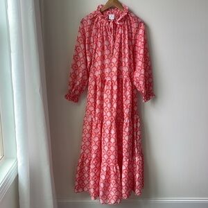 J. Marie Pink Scarlette Maxi Dress Oversized RufflesTiered Lined Boho Size XS